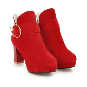 Women round toe buckle strap platform chunky high heeled booties