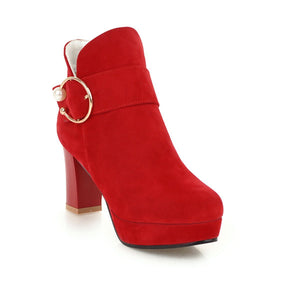 Women round toe buckle strap platform chunky high heeled booties