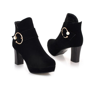 Women round toe buckle strap platform chunky high heeled booties