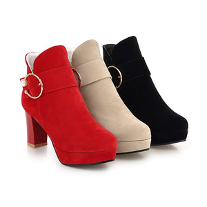 Women round toe buckle strap platform chunky high heeled booties