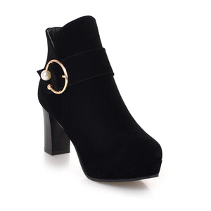 Women round toe buckle strap platform chunky high heeled booties