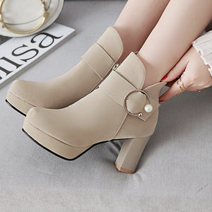 Women round toe buckle strap platform chunky high heeled booties