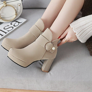 Women round toe buckle strap platform chunky high heeled booties