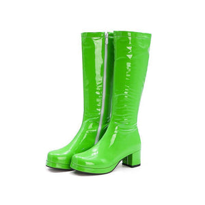 Women solid color block heel platform PU patent leather mid calf boots