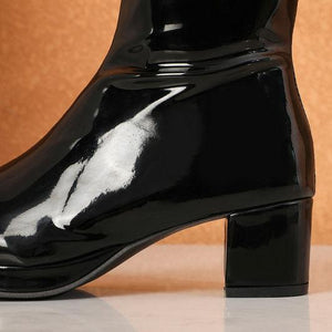 Women solid color block heel platform PU patent leather mid calf boots