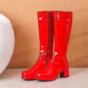 Women solid color block heel platform PU patent leather mid calf boots