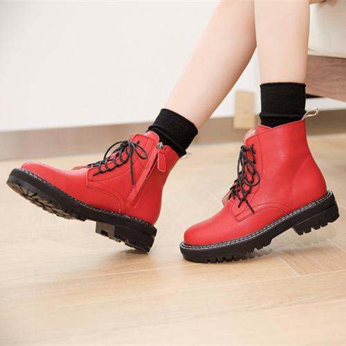 Women chunky flat heel lace up short motorcycle boots