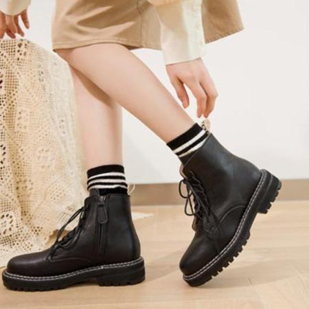 Women chunky flat heel lace up short motorcycle boots