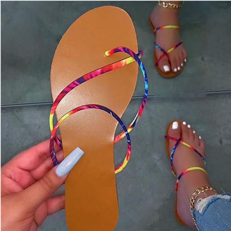 Women's rainbow strap slide sandals flat beach slip on shoes