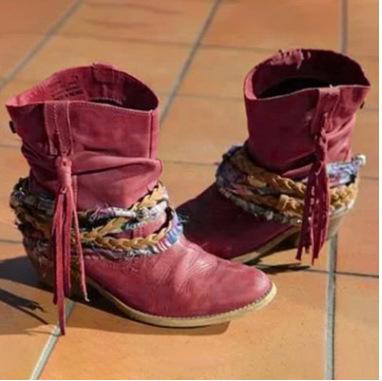 Women's short fringe boots block heel pointed toe tassels ethnic ankle boots