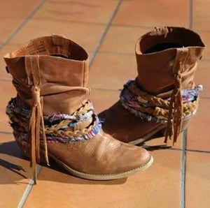 Women's short fringe boots block heel pointed toe tassels ethnic ankle boots