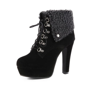 Women metal decor lace up faux fur chunky high heel platform boots