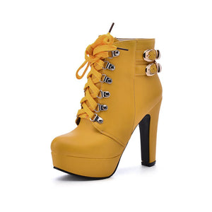 Women ankle buckle strap chunky high heel lace up platform boots