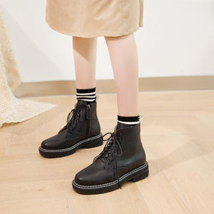 Women chunky flat heel lace up short motorcycle boots