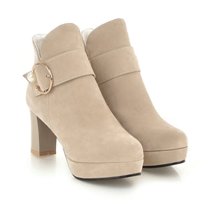 Women round toe buckle strap platform chunky high heeled booties