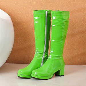 Women solid color block heel platform PU patent leather mid calf boots