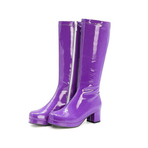 Women solid color block heel platform PU patent leather mid calf boots