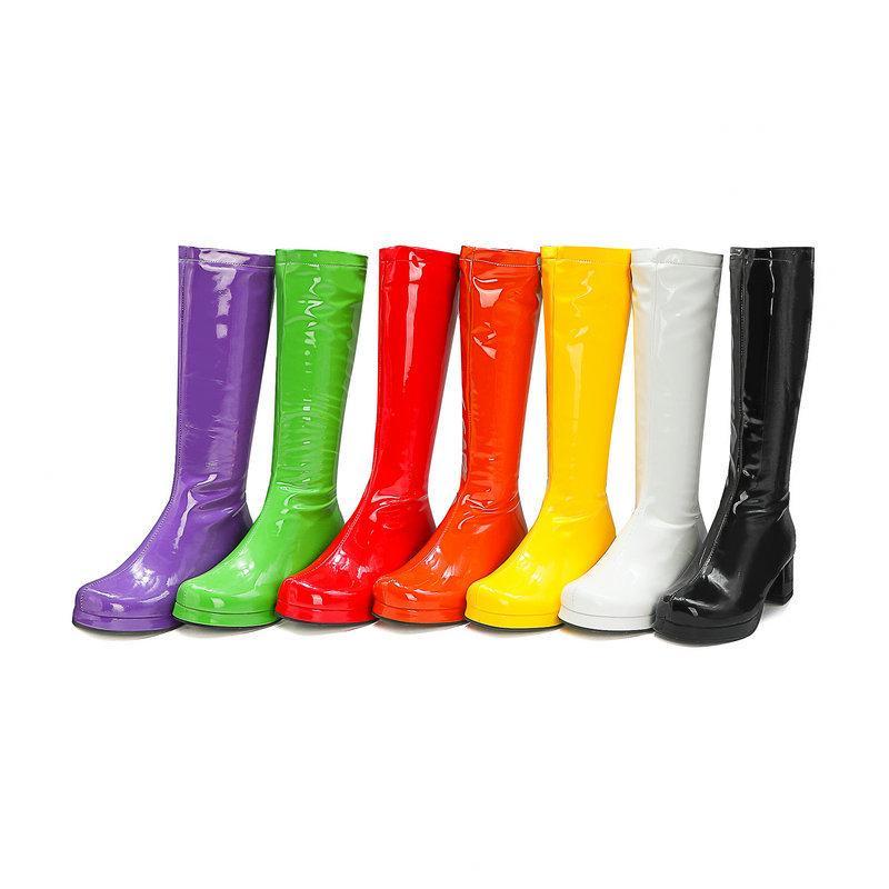 Women solid color block heel platform PU patent leather mid calf boots