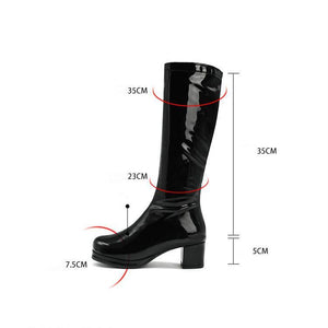 Women solid color block heel platform PU patent leather mid calf boots