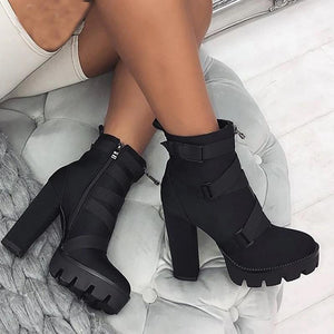 Women Black Buckle Strap Zipper Platform Chunky High Heel Boots