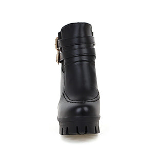 Women chunky heel platform buckle strap stitching winter boots