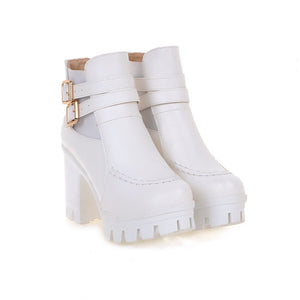 Women chunky heel platform buckle strap stitching winter boots