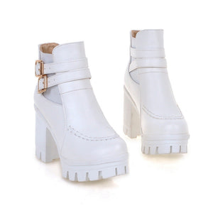 Women chunky heel platform buckle strap stitching winter boots