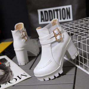 Women chunky heel platform buckle strap stitching winter boots