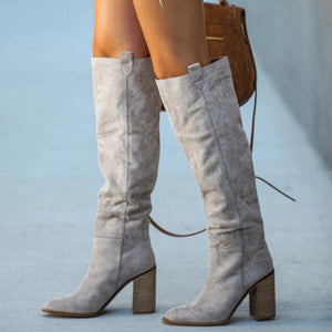 Women's suede square heeled knee high boots fashion stacked heel boots