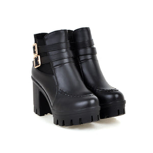 Women chunky heel platform buckle strap stitching winter boots