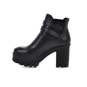 Women chunky heel platform buckle strap stitching winter boots