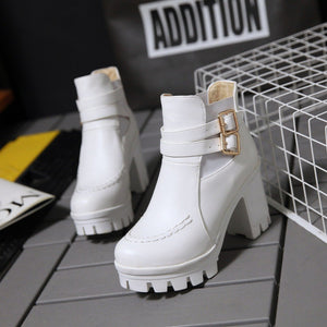 Women chunky heel platform buckle strap stitching winter boots