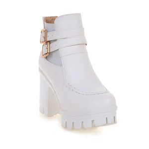 Women chunky heel platform buckle strap stitching winter boots