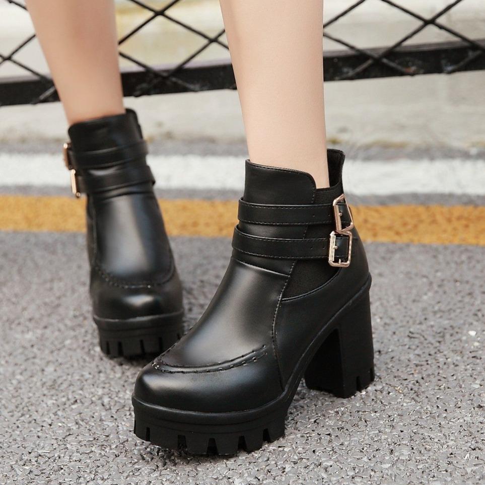 Women chunky heel platform buckle strap stitching winter boots