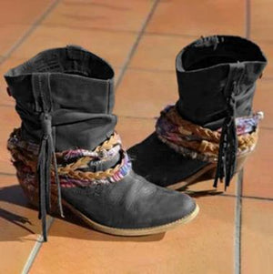 Women's short fringe boots block heel pointed toe tassels ethnic ankle boots