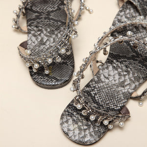 Women flat snakeskin ankle strap summer beach rhinestone sandals
