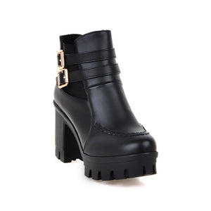 Women chunky heel platform buckle strap stitching winter boots