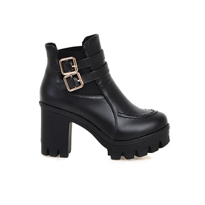 Women chunky heel platform buckle strap stitching winter boots