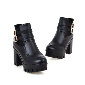 Women chunky heel platform buckle strap stitching winter boots