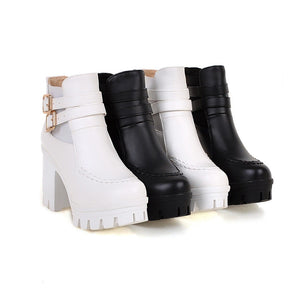 Women chunky heel platform buckle strap stitching winter boots