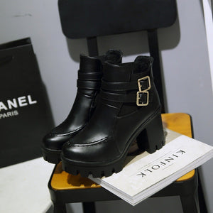 Women chunky heel platform buckle strap stitching winter boots