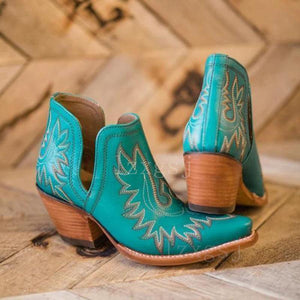 Embroidered flower chunky heel ankle chelsea boots women