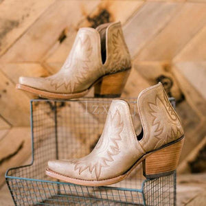 Embroidered flower chunky heel ankle chelsea boots women