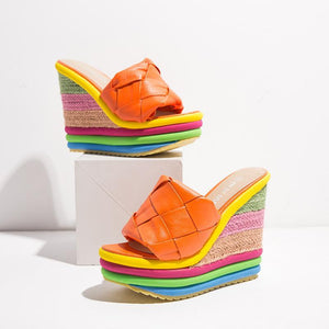 Women peep toe colorful chunky heel platform slide wedge sandals