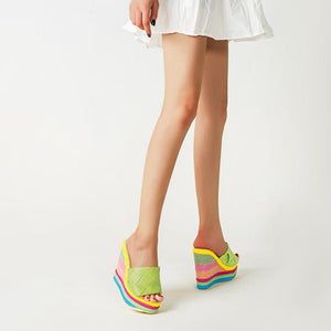 Women peep toe colorful chunky heel platform slide wedge sandals