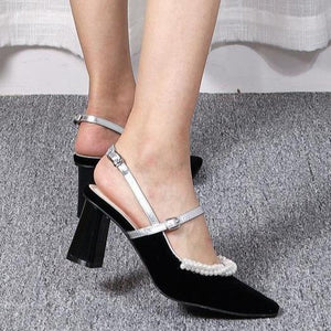 Women square toe ankle strap slingback rhinestone chunky heels