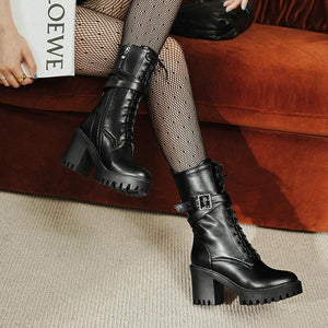 Women chunky heel platform lace up buckle strap combat boots