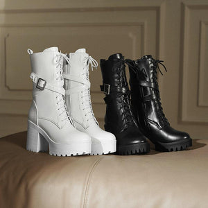 Women chunky heel platform lace up buckle strap combat boots