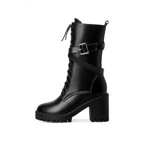 Women chunky heel platform lace up buckle strap combat boots