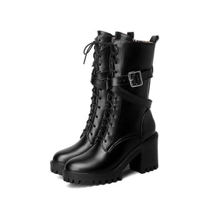 Women chunky heel platform lace up buckle strap combat boots